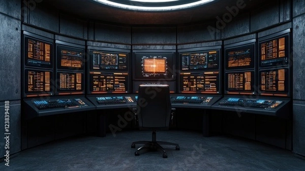 Fototapeta A futuristic control room with multiple screens and a central chair, showcasing advanced technology in a sleek, dark environment.
