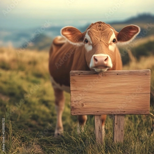 Fototapeta A farm mockup with a curious brown cow standing in a grassy field, holding a blank wooden sign, perfect for customizable messages in a rustic farm setting