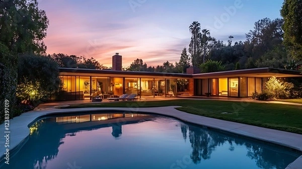 Fototapeta Exterior view of a large luxurious house with a pool and lounge chairs at sunset time light on.