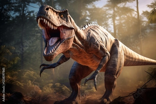 Fototapeta Tyrannosaur rex roaring in a prehistoric forest with lush vegetation, ferns and sunlight