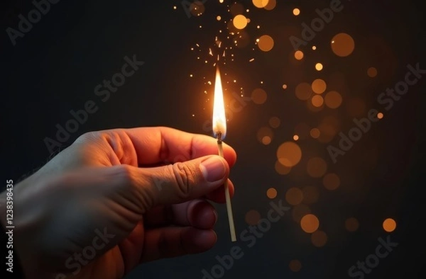 Fototapeta A close-up of a hand holding a lit match illuminates the darkness. Bright flames and small lights, creating a mesmerizing, warm glow on a black background.