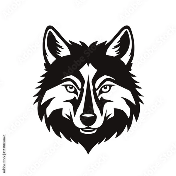 Fototapeta An Black and white wolf head icon looking straight to camera. Wolf head. Simple. 
