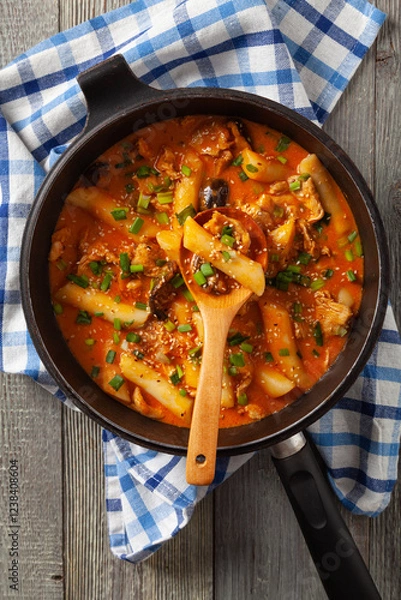 Obraz Traditional Korean Tteokbokki rice noodles with chicken, vegetables and shitake mushrooms. Prepared in a pan.