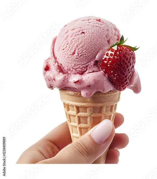 Fototapeta Hand holding strawberry ice cream on a white background. isolated background.