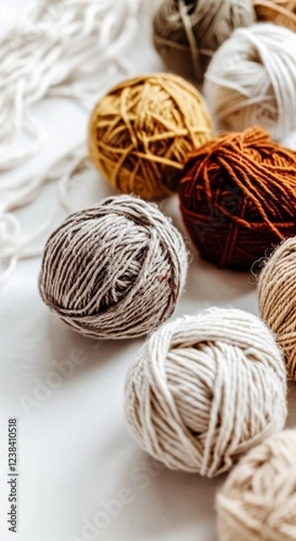 Obraz Knitting. Balls of cotton and wool yarn in warm tones on a white table. Boho, bed tones, orange, pink, turquoise, hobby
