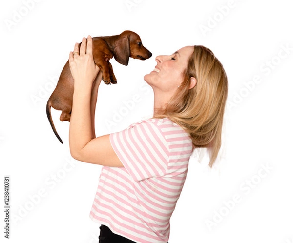 Fototapeta Photo of cool young lady hug dog look empty space isolated on transparent background. PNG transparent.