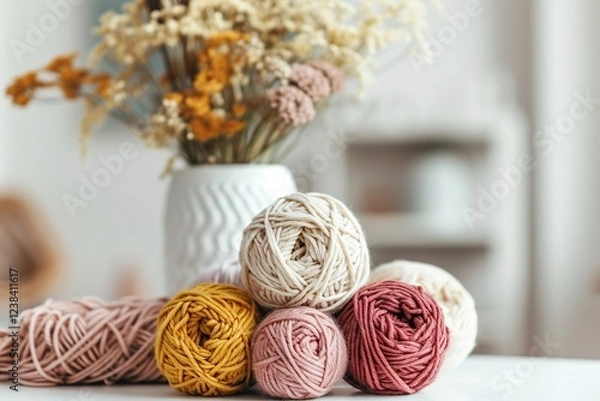 Obraz Knitting. Balls of cotton and wool yarn in warm tones on a white table. Boho, bed tones, orange, pink, turquoise, hobby