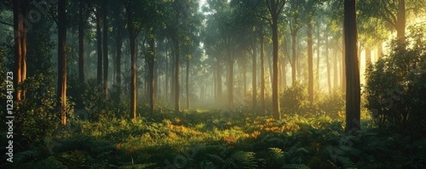 Obraz Golden hour forest nature concept. Serene forest scene with sunlight filtering through tall trees and lush ferns thriving below.