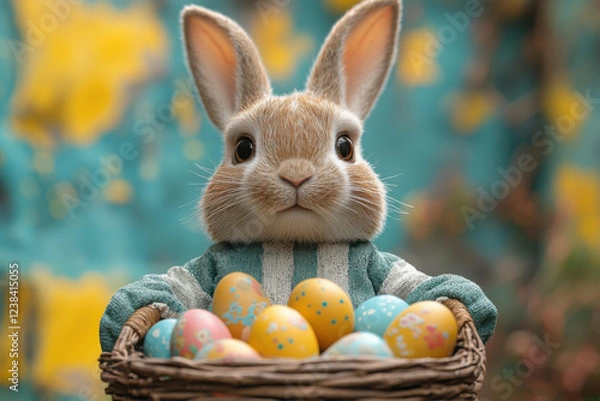 Fototapeta A fantasy bunny poses with a charming basket overflowing with brightly painted eggs. The enchanting background features a blend of colors, enhancing the magical atmosphere.