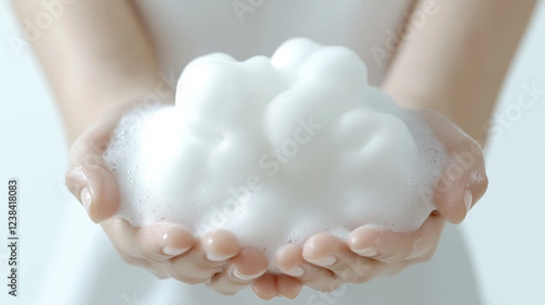 Fototapeta 女性の両手いっぱいに大きく泡立てた洗顔フォームを乗せている。美容商品の撮影。