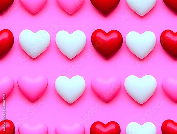 Fototapeta Valentine textile design with repeating red and pink hearts