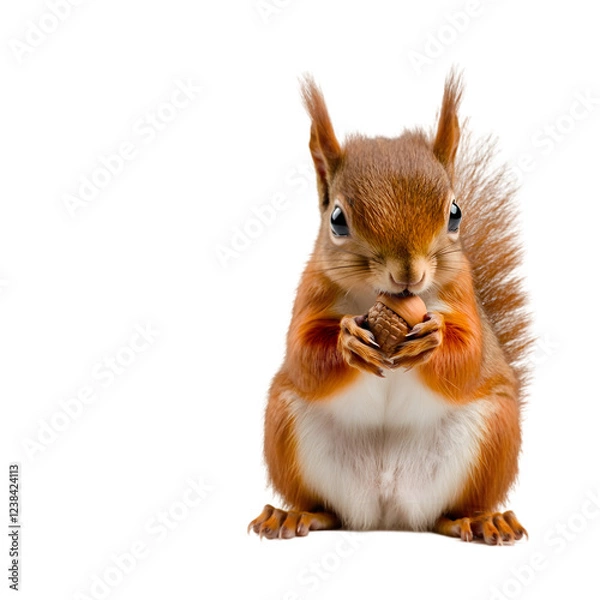Fototapeta A small squirrel with bushy fur, sitting on a white surface holding an acorn. Transparent background


