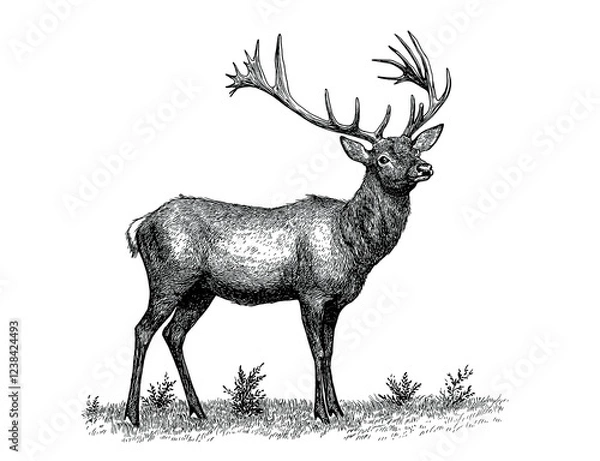 Fototapeta Deer fawn. Vintage retro print, black white deer fawn sketch ink pencil style drawing, engrave old school. Sketch artwork silhouette reindeer, fawn. Side view profile. Illustration