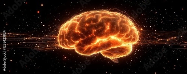 Fototapeta A glowing brain surrounded by digital circuits and light trails, symbolizing the synergy of humanlike intelligence and modern technology