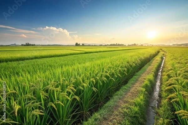 Fototapeta A lush rice field with neat green rows stretching to the horizon under a bright sunny sky. Image generated by AI.