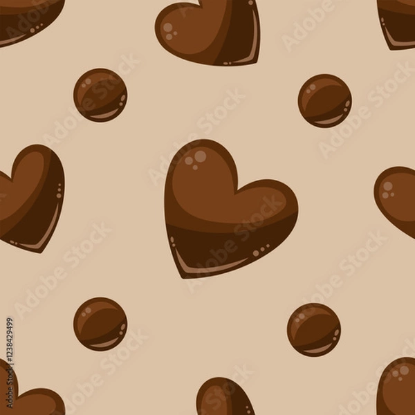 Fototapeta Seamless pattern with cute brown hearts on a beige background. Vector illustration with chocolate for Valentine's Day