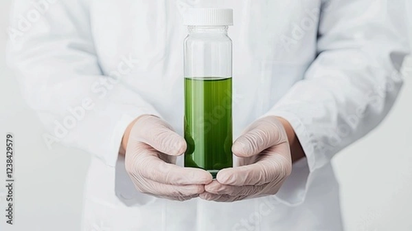 Fototapeta A researcher in a lab coat holds a transparent bottle containing green liquid, highlighting a focus on science and possibly biotechnology.