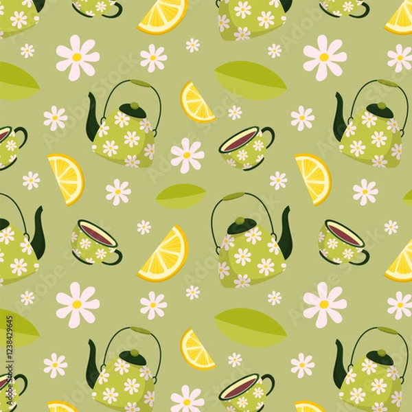 Fototapeta Seamless pattern with cute elements: teapot, tea cup, mint, lemon, chamomile. Vector illustration with ceramic tableware