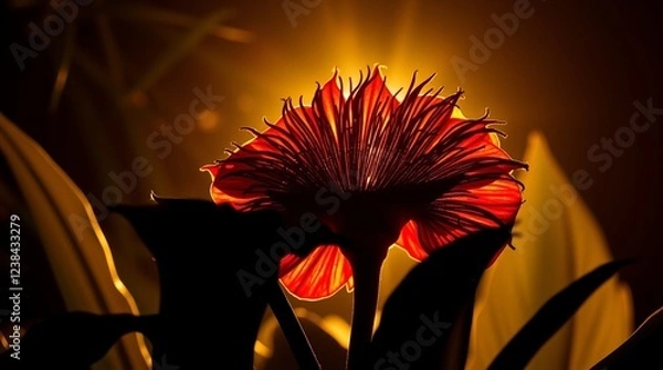 Obraz Backlit Rafflesia flower and tropical flora silhouette. Warm golden glow, radiant and luxurious, light source behind subject.
