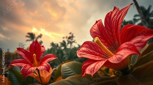 Obraz Close-up Rafflesia and tropical flora in intense autumnal weather. Warm colors, stormy skies, high tension, earthy tones.