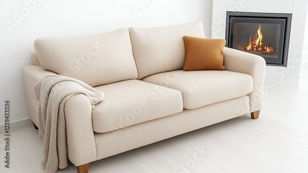 Fototapeta Cream Sofa with Mustard Throw Pillow near Fireplace in Bright Living