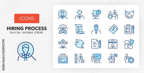 Fototapeta Line icons about hiring process, human resources concepts. Contains such icons as recruitment, head hunting, interview and more. 256x256 Pixel Perfect editable in two colors