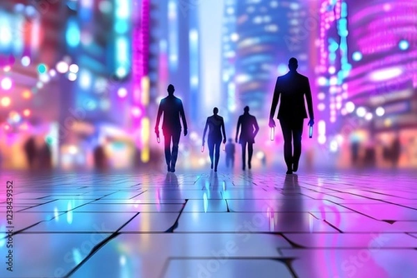 Obraz Blurred silhouettes of people walking in the city, vector illustration, colorful background