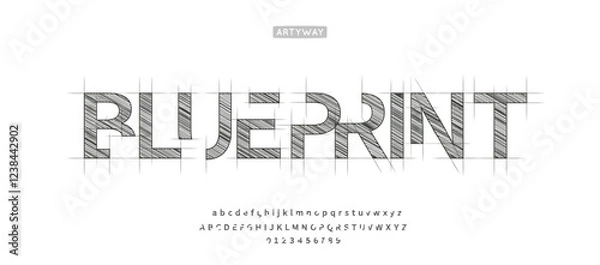 Fototapeta Architectural project font, technical draw style alphabet. Geometrical typography. Wireframe letters, typographic design with shaded for architecture logo and headline. Isolated vector typeset