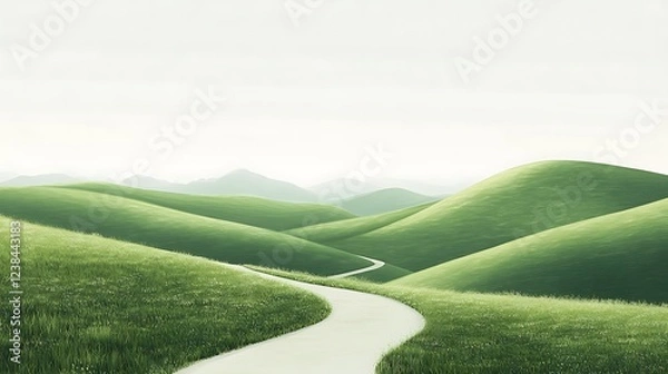 Fototapeta Serene winding path through lush green rolling hills and meadows under a tranquil sky.