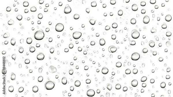 Fototapeta Macro view of detailed water droplets or dew on a smooth transparent surface with a minimalist and abstract white background  Natural liquid crystal texture and reflections