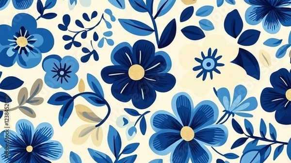 Fototapeta   A pattern of blue flowers and leaves on a white background, with a blue and gold center at the flower's center