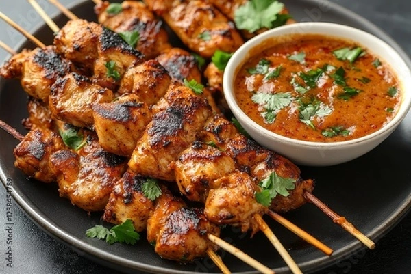 Obraz Grilled chicken satay skewers with peanut sauce