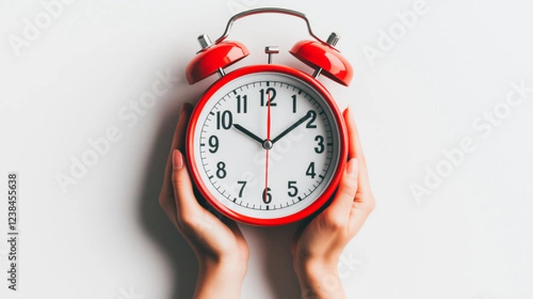 Fototapeta Red Alarm Clock Held in Hands on White Background