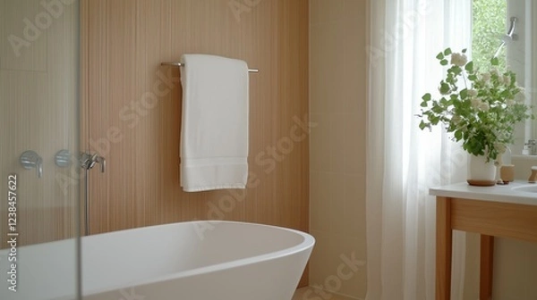 Fototapeta A bathroom with a white towel hanging on a towel rack. The towel is folded neatly and is placed on a towel rack. The bathroom has a white bathtub and a window with a potted plant in it