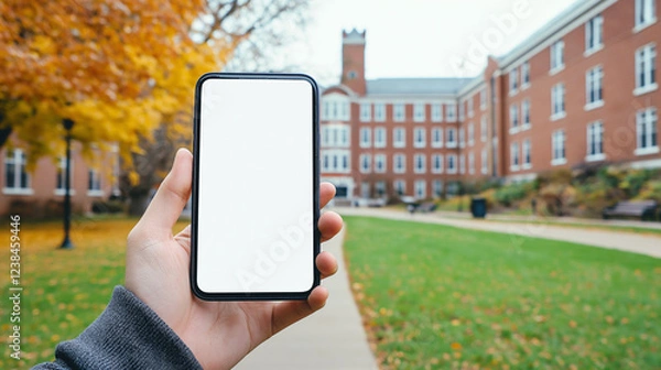 Fototapeta Person holding a smartphone. Hand holding a blank screen phone in front of the student campus background, mock up