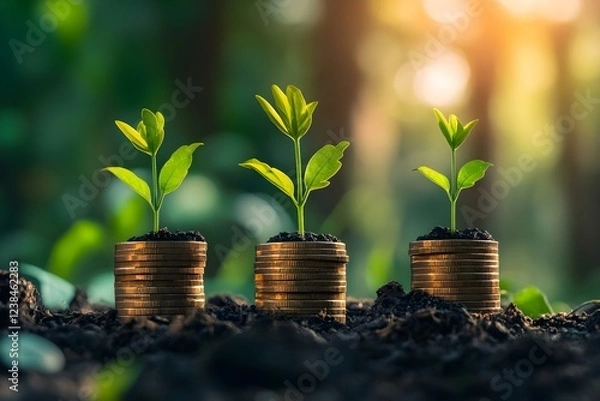 Obraz Three stacks of coins with small plants growing from the soil, symbolizing financial growth and investment in nature. Concept Coins and Plants, Financial Growth, Nature Investment