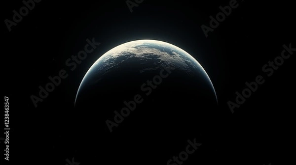 Obraz View of Earth from Space, Crescent Shape Partially Illuminated by Sunlight, Top Half Visible with Distinction Between Sunlit and Shadowed Portions, Blue Oceans, White Clouds, Hints of Landmasses