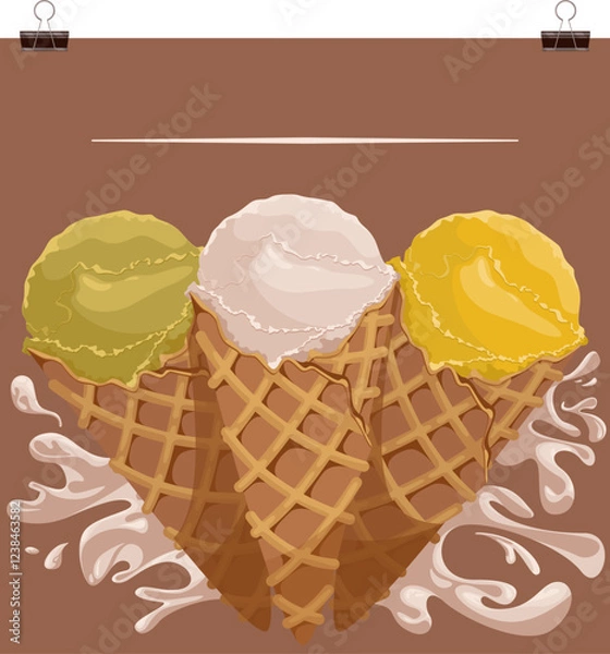 Fototapeta Vector illustration of ice cream in a waffle cone. Ice cream with a white scoop isolated on a white background, idea for a poster, postcard, t-shirt. print, advertising, sweet, food, set, advertising,