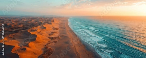 Obraz Beach sunset nature concept. Stunning aerial view of a sandy beach meeting the ocean at sunset.