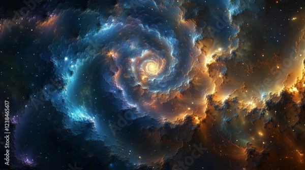 Fototapeta Vibrant Cosmic Wallpaper with Swirling Spiral Galaxy, Glowing Core, Interstellar Dust in Rich Blues, Bright Oranges, and Subtle Purples, Deep Space Contrast  Dynamic Universe Detail, and Stellar Depth