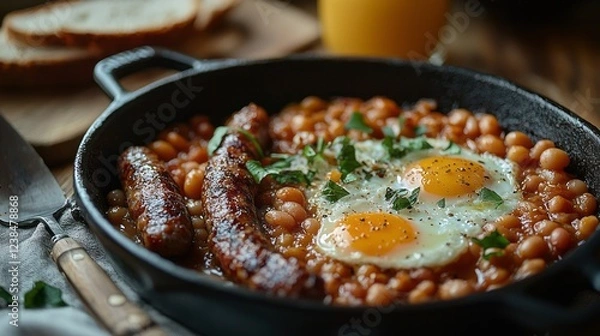 Fototapeta Brightly lit tabletop showcases a hearty breakfast skillet filled with baked beans, two perfectly cooked sunny-side up eggs, and juicy sausages, paired with a refreshing glass of orange juice
