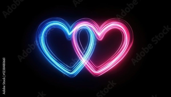 Fototapeta Blue and Pink Neon Heart Glowing on Dark Background with Bokeh Effect, Valentine's Day Celebration, Love Concept Design, Copy Space for Banner or Poster