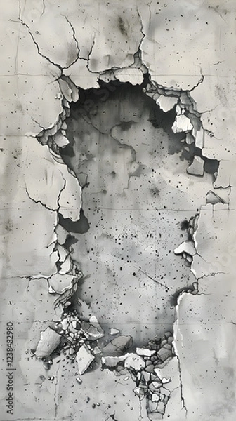 Fototapeta A close up of a concrete floor that is cracked and large hole destroyed 