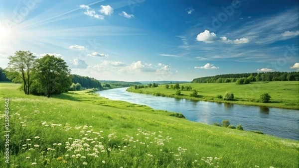 Fototapeta Sunny Day by the River with a Green Field, sunny day, lush green field, scenic view, green grass