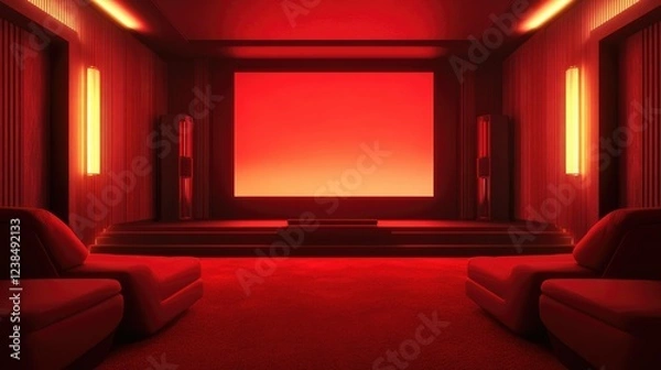 Fototapeta Elegant home theater with red carpeting, plush seating, and a large screen, perfect for a luxury entertainment experience