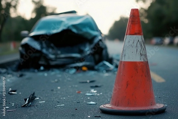 Fototapeta Car crash aftermath on a quiet road during the golden hour of sunset