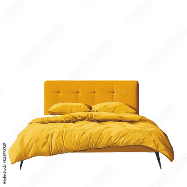 Fototapeta A modern upholstered bed with yellow bedding, including a duvet and pillows, is presented against a black background.