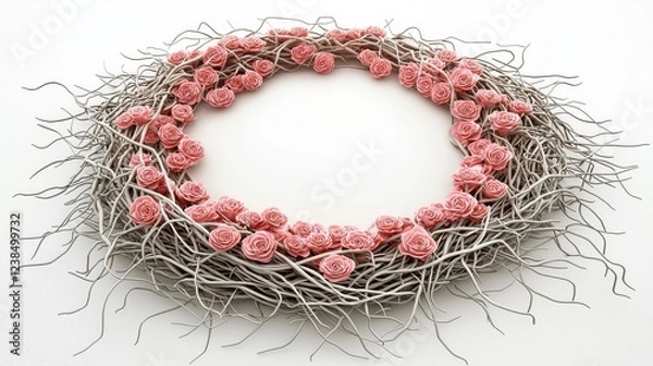 Fototapeta Elegant floral wreath made of branches and delicate pink roses on a clean white background for decoration