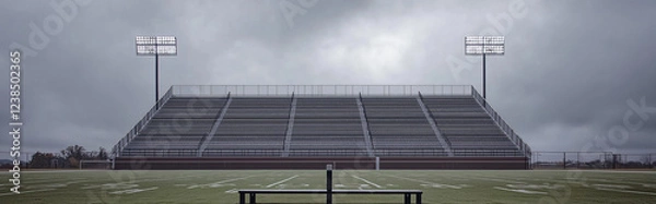 Fototapeta Wide-angle view of an empty football stadium with towering stands under a dramatic overcast sky, minimalist composition with copy space, perfect for sports or event concepts.