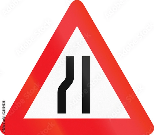 Fototapeta Warning road sign used in Denmark - road narrows on left